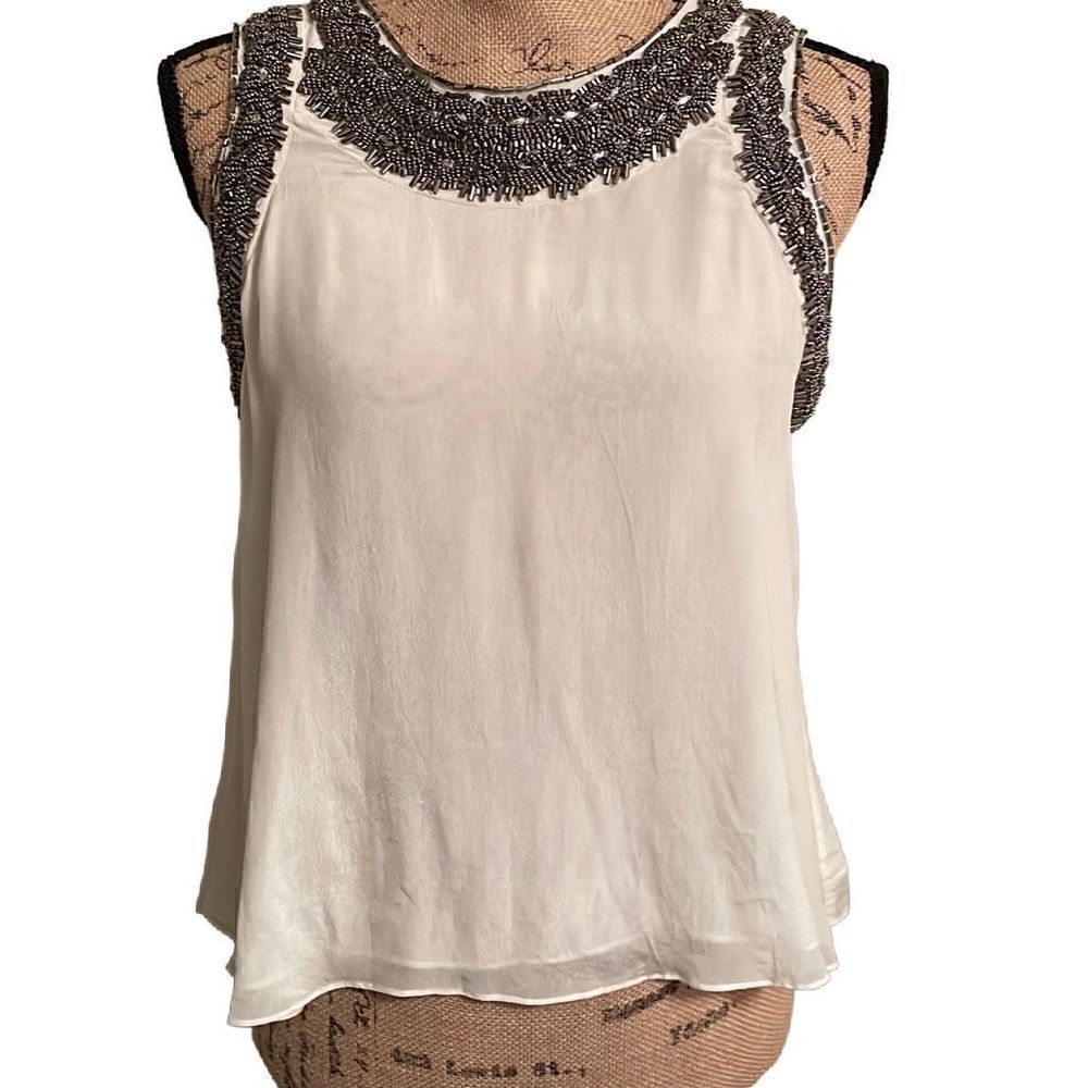EUC Parker Cream Silky Tank with Silver Beading Detail - Size Small